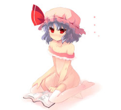 Rule 34 | ..., 1girl, bare shoulders, book, female focus, hat, light purple hair, no shoes, red eyes, remilia scarlet, see-through, shin (new), short hair, sitting, solo, thighhighs, touhou, wariza, white thighhighs