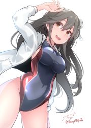Rule 34 | 1girl, absurdres, alternate costume, baileys (tranquillity650), blue one-piece swimsuit, breasts, brown eyes, competition swimsuit, covered navel, from below, grey hair, hairband, haruna (kancolle), highleg, highleg swimsuit, highres, jacket, kantai collection, large breasts, long hair, long sleeves, multicolored clothes, multicolored swimsuit, one-piece swimsuit, open clothes, open jacket, red one-piece swimsuit, solo, swimsuit, white hairband, white jacket