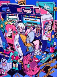 Rule 34 | 1girl, arcade, bag, bandages, bookbag, chair, commentary, controller, crisalys, english commentary, fei-yen, flower, gaming chair, highres, indoors, joystick, looking at viewer, macross, original, poster (object), sitting, sonic (series), sonic the hedgehog, swivel chair, ticket, toy, voltron (mecha)