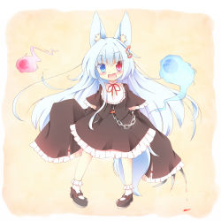 Rule 34 | 1girl, :d, animal ears, black hair, blood, blue eyes, chain, claws, fang, fox ears, fox tail, frilled skirt, frills, heterochromia, highres, hitodama, kt cano, long hair, open mouth, original, red eyes, skirt, sleeves past wrists, smile, solo, tail