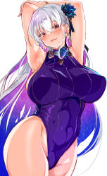 Rule 34 | 1girl, armpits, arms behind head, arms up, bare shoulders, blush, breasts, cle masahiro, covered navel, earrings, fate/grand order, fate (series), flower, hair flower, hair ornament, hair ribbon, highleg, highleg swimsuit, highres, jewelry, kama (fate), kama (swimsuit avenger) (fate), kama (swimsuit avenger) (third ascension) (fate), large breasts, long hair, looking at viewer, lotus, multicolored hair, nail polish, one-piece swimsuit, open mouth, purple hair, purple one-piece swimsuit, red eyes, ribbon, silver hair, smile, solo, star (symbol), star earrings, swimsuit, thighs, two-tone hair, white background