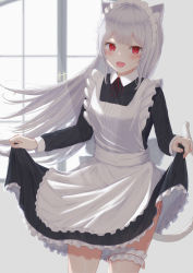 Rule 34 | 1girl, :d, absurdres, animal ears, apron, blush, cat ears, cat tail, clothes lift, curtsey, fang, grey hair, highres, bridal garter, legs, long hair, looking at viewer, maid, maid apron, maid headdress, open mouth, original, panties, red eyes, revision, skirt, skirt lift, smile, solo, standing, string panties, tail, tanshio, thighs, underwear, white hair