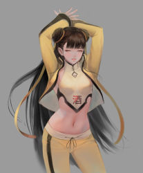 Rule 34 | 1girl, absurdres, arms up, bbul horn, black survival, blunt bangs, blush, breasts, brown hair, chinese clothes, crop top, cropped jacket, double bun, grey background, hair bun, hair ribbon, highres, jacket, korean commentary, li dailin, long hair, long sleeves, looking at viewer, midriff, navel, open mouth, pants, ribbon, simple background, sleeveless, solo, translated, yellow eyes, yellow jacket, yellow pants