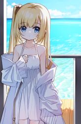 Rule 34 | 1girl, bare shoulders, blonde hair, blue eyes, blue sky, blush, closed mouth, cloud, collarbone, day, dress, flower girl (yuuhagi (amaretto-no-natsu)), hair between eyes, hand up, horizon, jacket, long hair, long sleeves, ocean, off shoulder, open clothes, open jacket, original, side ponytail, sky, sleeveless, sleeveless dress, sleeves past wrists, solo, standing, very long hair, water, white dress, white jacket, wide sleeves, yuuhagi (amaretto-no-natsu)