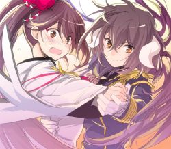 Rule 34 | 2girls, aiguillette, azur lane, black hair, blush, breasts, brown eyes, brown hair, buttons, closed mouth, commentary request, dancing, dress, epaulettes, facial mark, gloves, hair between eyes, hair ornament, hand on another&#039;s back, holding hands, horns, japanese clothes, kanzashi, kimono, long hair, long sleeves, mikasa (azur lane), military, military uniform, multiple girls, open mouth, ponytail, ribbon, smile, sweat, sweatdrop, swept bangs, tsumami kanzashi, tydk, uniform, upper body, very long hair, wavy mouth, white gloves, wide sleeves, zuikaku (azur lane)