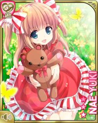 Rule 34 | 1girl, :d, blue eyes, bow, brown hair, card (medium), day, dress, girlfriend (kari), green background, hair bow, lawn, looking at viewer, mary janes, official art, open mouth, outdoors, qp:flapper, red bow, red dress, red shirt, ribbon, shirt, shoes, smile, solo, striped, striped bow, stuffed animal, stuffed toy, teddy bear, two side up, yuuki nae