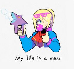 Rule 34 | 1girl, blonde hair, blue eyes, blue jacket, bubble, blowing bubbles, bubble gun, chewing gum, cropped torso, denaseey, english text, eyeshadow, eyewear on head, hair over one eye, half-closed eyes, jacket, makeup, metroid, mole, mole under mouth, nintendo, pink-framed eyewear, ponytail, ridley, samus aran, shutter shades, simple background, solo, thumbs up, varia suit, white background