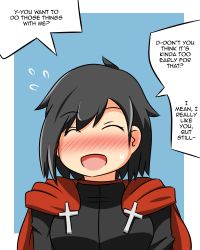 Rule 34 | 1girl, black hair, blue background, blush, cape, closed eyes, cross, english text, flying sweatdrops, highres, lunarisaileron, no nose, open mouth, outside border, red cape, ruby rose, rwby, short hair, simple background, solo, speech bubble, sweatdrop, upper body
