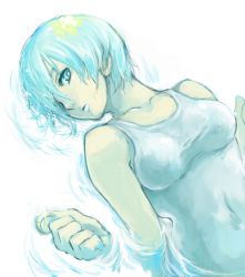 Rule 34 | 1girl, afloat, blue eyes, blue hair, breasts, coin, collarbone, floating, hair over one eye, matching hair/eyes, short hair, shu-mai, solo, tank top, water