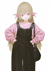 Rule 34 | 1girl, bag, black bag, black overalls, rabbit hair ornament, hair ornament, hands on own hips, highres, light brown hair, long hair, long sleeves, looking at viewer, natori sana, open mouth, overalls, pink shirt, puffy long sleeves, puffy sleeves, red eyes, reoen, sana channel, shirt, shoulder bag, simple background, solo, very long hair, virtual youtuber, white background