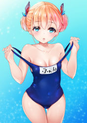 Rule 34 | 1girl, aqua background, armpits, azur lane, blonde hair, blue background, blue eyes, blue one-piece swimsuit, breasts, character name, cleavage, clothes pull, collarbone, commentary request, cowboy shot, gradient background, hair between eyes, hair ornament, highres, le triomphant (azur lane), legs together, looking at viewer, one-piece swimsuit, one-piece swimsuit pull, open mouth, pulled by self, school swimsuit, simple background, solo, sora (pixiv 32463296), standing, surprised, swimsuit, thighs