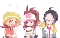 Rule 34 | 1boy, 2girls, ahoge, bare arms, baseball cap, bianca (pokemon), black hair, blonde hair, blush, brown hair, cheren (pokemon), closed mouth, commentary request, creatures (company), game freak, glasses, green eyes, hat, hilda (pokemon), holding, holding pokemon, looking down, looking to the side, misha (ohds101), multiple girls, nintendo, open mouth, pokemon, pokemon (creature), pokemon bw, smile, starter pokemon trio