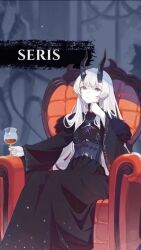 Rule 34 | 1girl, alcohol, black dress, closed mouth, cup, dress, drinking glass, grey eyes, hand on own hip, highres, in-franchise crossover, long hair, looking at viewer, seris vritra, sitting, solo, the beginning after the end, very long hair, white hair, wine, wine glass
