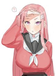 Rule 34 | 1girl, ?, blush, breasts, commentary, hair lift, hair ornament, hairclip, large breasts, lifting own clothes, long hair, open mouth, original, pink hair, purple eyes, school uniform, serafuku, solo, spoken question mark, suisogenshi