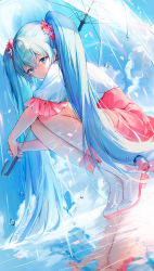 Rule 34 | 1girl, blue eyes, blue hair, boots, commentary request, day, eso (toory), flower, full body, hair between eyes, hair flower, hair ornament, hatsune miku, highres, holding, holding umbrella, long hair, looking at viewer, melt (vocaloid), pink skirt, pink socks, rain, red flower, reflection, reflective floor, shirt, skirt, sky, socks, solo, squatting, transparent, transparent umbrella, twintails, umbrella, very long hair, vocaloid, white footwear, white shirt