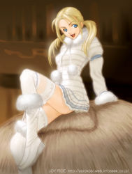Rule 34 | 1girl, artist name, blonde hair, blue eyes, boots, cameron diaz, charlie&#039;s angels, coat, fur trim, hay, haystack, joy ride, miniskirt, natalie cook, open mouth, skirt, solo, thighhighs, thighs, twintails, watermark, web address, white coat, white footwear, white skirt, white thighhighs