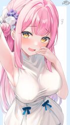 Rule 34 | 1girl, absurdres, armpits, arms up, blue archive, blush, breasts, frilled ribbon, frills, hair bun, highres, large breasts, long hair, looking at viewer, mika (blue archive), pink hair, presenting armpit, ramchi, ribbon, sideboob, simple background, single side bun, skirt, solo, tea party (blue archive), yellow eyes