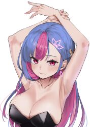 Rule 34 | 1girl, absurdres, armpits, arms up, bare shoulders, bing hayu, black leotard, blue hair, blush, breasts, cleavage, colored inner hair, godoaru, highres, large breasts, leotard, long hair, looking at viewer, luvdia, mole, mole on armpit, mole on breast, multicolored hair, parted bangs, pink eyes, pink hair, presenting armpit, simple background, solo, strapless, strapless leotard, upper body, virtual youtuber, white background