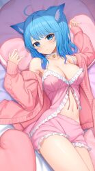 Rule 34 | 1girl, nanashi inc., ahoge, animal ears, arm up, babydoll, bare shoulders, bell, blue eyes, blue hair, breasts, cat ears, choker, cleavage, frilled babydoll, frilled shorts, frills, hand up, highres, jacket, jingle bell, large breasts, long hair, looking at viewer, lying, navel, nishino eri, off shoulder, on back, open clothes, open jacket, pink babydoll, pink jacket, pink shorts, short shorts, shorts, solo, souya ichika, spaghetti strap, stomach, thighs, virtual youtuber, white choker