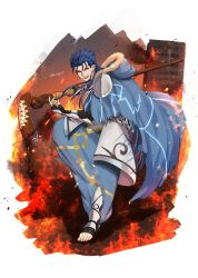 Rule 34 | 1boy, blue hair, cape, cu chulainn (caster) (fate), cu chulainn (fate), earrings, fate/grand order, fate (series), fire, floating hair, full body, fur-trimmed hood, fur trim, grin, harem pants, highres, holding, holding staff, hood, hood down, hooded cape, jewelry, long hair, looking at viewer, male focus, open mouth, pants, red eyes, ruuto (ruto3), single vambrace, smile, solo, spiked hair, staff, toeless footwear, vambraces, wooden staff