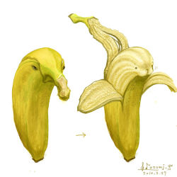 Rule 34 | . ., :3, arrow (symbol), artist name, banana, before and after, black eyes, creature, dated, food, food focus, fruit, jpeg artifacts, lowres, motion lines, multiple views, musical note, no humans, original, shibuzoh, signature, simple background, treble clef, white background, yellow theme