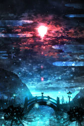 Rule 34 | 1other, absurdres, bridge, cloud, cloudy sky, commentary, dripping, flower, full moon, glowing, grass, highres, horns, moon, mountain, original, outdoors, red moon, rinneko (rinne paint), scenery, short hair, silhouette, sky, solo, spider lily, star (symbol), stone lantern, very wide shot, water, wide shot
