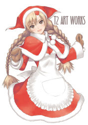 Rule 34 | 10s, 1girl, apron, blonde hair, blush, braid, brown eyes, christmas, hair ornament, long hair, manaflare amil, mittens, no legs, open mouth, santa costume, sega, shining (series), shining hearts, simple background, solo, tony taka, twin braids, white background, winter clothes