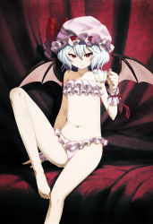 Rule 34 | 1girl, bandeau, bare legs, bare shoulders, barefoot, bat wings, bikini, chyko, collarbone, cup, feet, female focus, flat chest, frilled bikini, frills, hat, highres, legs, navel, red eyes, remilia scarlet, short hair, silver hair, sitting, smile, solo, swimsuit, teacup, touhou, tsurime, wings, wrist cuffs, wristband