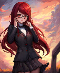 Rule 34 | 1girl, absurdres, black-framed eyewear, black bow, black bowtie, black jacket, blazer, blush, bow, bowtie, cloud, cloudy sky, collared shirt, evening, finger to face, glasses, hand on own face, highres, jacket, light blush, long hair, looking at viewer, pantyhose, persona, persona 5, persona 5 the royal, pigsir13152, plaid, plaid skirt, pleated skirt, red eyes, red hair, school uniform, shirt, shuujin academy school uniform, skirt, sky, solo, white shirt, yoshizawa kasumi