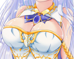 Rule 34 | 1girl, aiguillette, azur lane, bare shoulders, breast focus, breasts, cleavage, close-up, commentary request, gem, head out of frame, large breasts, long hair, rodney (azur lane), silver hair, solo, very long hair, yaku-hashihime