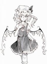 Rule 34 | 1girl, :&lt;, ascot, closed mouth, cowboy shot, dungeon toaster, flandre scarlet, frilled skirt, frills, greyscale, hair between eyes, hat, highres, inktober, kneehighs, looking at viewer, medium hair, mob cap, monochrome, one side up, puffy short sleeves, puffy sleeves, shirt, short sleeves, simple background, skirt, skirt hold, socks, solo, touhou, traditional media, vest, white background, wings