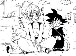 Rule 34 | 1girl, 2boys, age difference, black eyes, black hair, boo (mario), bulma, cloud, creature, crossed legs, dougi, dragon ball, egyptian clothes, frown, greyscale, hand on own hip, hands on own hips, high ponytail, indian style, looking at another, looking up, monochrome, multiple boys, ruyi jingu bang, oolong, open mouth, outdoors, pants, pig, ponytail, radar, sandals, short hair, sitting, sky, son goku, spiked hair, standing, suspenders, sweat, sweatdrop, tail, tkgsize, tongue, tongue out, translation request, vest, waistcoat, wristband