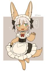 Rule 34 | 1other, :3, :d, alternate costume, ambiguous gender, animal ear fluff, animal ears, apron, bad id, bad twitter id, black ribbon, choker, enmaided, eyes visible through hair, fang, flying sweatdrops, frills, full body, furry, green eyes, hair ribbon, hand up, kawasemi27, made in abyss, maid, maid headdress, nanachi (made in abyss), open mouth, ribbon, short hair, simple background, skin fang, smile, solo, sweatdrop, tail, waist apron, whiskers