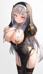 Rule 34 | 1girl, absurdres, black dress, black thighhighs, breast curtain, breast hold, breasts, cleavage, commentary, cowboy shot, dress, garter belt, gold trim, grey hair, grin, habit, has bad revision, has downscaled revision, highres, jewelry, kitin, large breasts, md5 mismatch, necklace, no bra, nun, original, panties, panty straps, pelvic curtain, red eyes, resolution mismatch, revealing clothes, smile, solo, source smaller, standing, string panties, thighhighs, thighs, underwear, veil, white background
