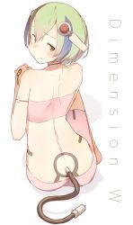 Rule 34 | 10s, 1girl, android, ass, back, bare legs, bare shoulders, barefoot, blush, butt crack, cable, cable tail, copyright name, dimension w, embarrassed, eyebrows, from behind, full body, fuu fuu, green eyes, green hair, hair between eyes, headgear, highres, looking at viewer, looking back, matching hair/eyes, mechanical tail, multicolored hair, shadow, short hair, simple background, sitting, solo, tail, tattoo, two-tone hair, white background, yurizaki mira