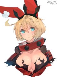 Rule 34 | alternate costume, alternate hair length, alternate hairstyle, animal ears, blonde hair, blue eyes, bow, breasts, cleavage, cleavage cutout, clothing cutout, collar, crown, ear ribbon, elphelt valentine, guilty gear, guilty gear xrd, highres, large breasts, pisuta (yamashiro), portrait, short hair, shoulder pads, solo, spiked collar, spikes, spoilers