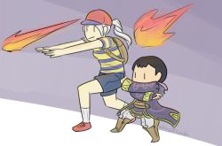 Rule 34 | 1boy, 1girl, backpack, bag, baseball cap, black hair, boots, cape, cosplay, costume switch, fire, fire emblem, fire emblem awakening, hat, magic, mother (game), ness (mother 2), ness (mother 2) (cosplay), nintendo, ponytail, robe, robin (female) (fire emblem), robin (fire emblem), robin (male) (fire emblem), shinyv, shinyv (artist), shoes, short hair, shorts, sneakers, super smash bros., white hair