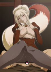 Rule 34 | 1boy, 1girl, black pantyhose, blush, breasts, breasts out, censored, character censor, clenched teeth, clothed sex, covering privates, covering breasts, eyelashes, fox girl, fox tail, gegege no kitarou, glasses, hetero, highres, indoors, kaname aomame, large breasts, lipstick, long sleeves, looking at viewer, makeup, medama oyaji, no bra, novelty censor, pantyhose, pointy ears, pov, puffy sleeves, red eyes, sex, smile, sweatdrop, tail, tamamo no mae (gegege no kitarou), teeth, vaginal