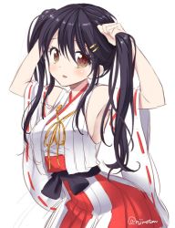 Rule 34 | 10s, 1girl, bare shoulders, black hair, detached sleeves, haruna (kancolle), ichimatsu nana, japanese clothes, kantai collection, long hair, nontraditional miko, open mouth, simple background, solo, twintails
