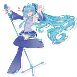 Rule 34 | 1girl, absurdres, ahoge, aqua eyes, aqua hair, aqua nails, aqua necktie, armpits, boots, commentary, detached sleeves, english commentary, fang, full body, hatsune miku, highres, holding, holding microphone stand, long hair, maty (sesamii.seed), microphone, microphone stand, miniskirt, necktie, open mouth, pleated skirt, project diva (series), shirt, shoulder tattoo, skirt, sleeveless, sleeveless shirt, smile, solo, tattoo, thigh boots, twintails, very long hair, vocaloid, waving