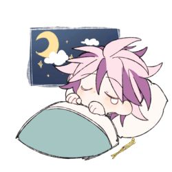 Rule 34 | 1boy, blanket, chibi, chinese commentary, commentary request, crying, dot nose, earrings, closed eyes, jewelry, male focus, meebo, moon, multicolored hair, night, no mouth, saibou shinkyoku, short hair, sleeping, solo, theodore riddle, two-tone hair, white background, window