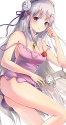 Rule 34 | 10s, 1girl, akari skyline works, ass, bare arms, blue eyes, blush, braid, breasts, camisole, cleavage, clenched hand, collar, crown braid, elf, emilia (re:zero), flower, gem, grey background, hair flower, hair ornament, hair ribbon, hand up, highres, jewelry, long hair, looking at viewer, lying, medium breasts, no panties, off shoulder, on side, parted lips, pendant, pointy ears, puck (re:zero), purple camisole, purple hair, purple ribbon, re:zero kara hajimeru isekai seikatsu, red flower, ribbon, simple background, solo, solo focus, thighs, very long hair, x hair ornament