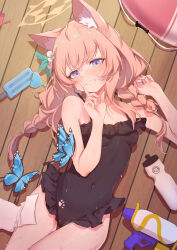 Rule 34 | 1girl, absurdres, ahoge, animal ear fluff, animal ears, doodle sensei (blue archive), black one-piece swimsuit, blue archive, blue butterfly, blush, braid, breasts, bug, butterfly, casual one-piece swimsuit, commentary, covered navel, finger to mouth, flower, food, fox ears, fox girl, frilled one-piece swimsuit, frills, hair flower, hair ornament, halo, highres, index finger raised, insect, long hair, looking at viewer, low twin braids, lying, mari (blue archive), mari (swimsuit) (blue archive), official alternate costume, on back, one-piece swimsuit, orange hair, parted lips, paw print, popsicle, purple eyes, sensei (blue archive), small breasts, solo, swimsuit, twin braids, water gun, white flower, wooden floor, yakurope-moko, yellow halo