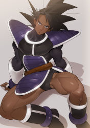Rule 34 | 1boy, absurdres, arm support, armor, bad id, bad pixiv id, blue eyes, boots, brown hair, dark skin, dark-skinned male, dragon ball, dragonball z, fingerless gloves, gloves, highres, looking at viewer, male focus, monkey tail, muscular, pauldrons, shoulder armor, sitting, solo, spiked hair, spread legs, supobi, tail, tullece
