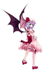 Rule 34 | 1girl, asymmetrical clothes, bat wings, blue hair, bobby socks, bow, brown eyes, female focus, full body, hands on own hips, hat, highres, large bow, bridal garter, light purple hair, lips, looking at viewer, looking back, mary janes, nail polish, pointy ears, red eyes, red nails, remilia scarlet, shoes, smile, socks, solo, standing, touhou, transparent background, utakata (kochou no yume), wings, wrist cuffs