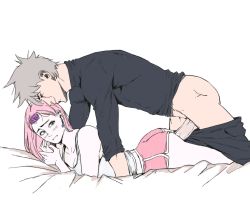 Rule 34 | 1boy, 1girl, age difference, ass, blush, clothed sex, haruno sakura, hatake kakashi, hetero, highres, lying, naruto, naruto (series), on bed, on stomach, penis, prone bone, sex, sex from behind, tagme