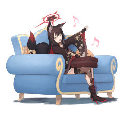 Rule 34 | 1girl, :d, ^ ^, absurdres, animal ear fluff, animal ears, asymmetrical legwear, black gloves, black kimono, blue archive, boots, bow, brown footwear, brown hair, carol.j.jamison, closed eyes, colored inner hair, couch, cross-laced footwear, closed eyes, fang, fingerless gloves, fishnet legwear, fishnets, floral print, fox ears, fox girl, fox tail, gloves, halo, high heel boots, high heels, highres, japanese clothes, kimono, lace-up boots, light blush, long hair, mismatched legwear, multicolored hair, musical note, open mouth, pillow, playing, red footwear, red hair, red legwear, simple background, sitting, smile, solo, tail, tail bow, tail ornament, torn clothes, torn legwear, two-tone footwear, wakamo (blue archive), white background, wide sleeves, yellow bow