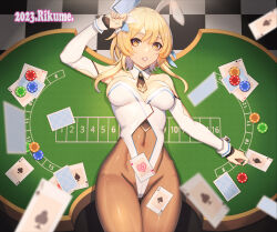Rule 34 | 1girl, ace (playing card), ace of clubs, ace of diamonds, ace of hearts, ace of spades, animal ears, bare shoulders, black necktie, blonde hair, breasts, breasts apart, brown pantyhose, card, checkered floor, club (shape), covered navel, detached collar, detached sleeves, diamond (shape), flower, genshin impact, gluteal fold, hair flower, hair ornament, heart, high-waist pantyhose, highleg, highleg leotard, highres, indoors, leotard, long sleeves, looking at viewer, lumine (genshin impact), lying, medium breasts, necktie, on back, pantyhose, parted lips, playboy bunny, playing card, poker chip, rabbit ears, rikume, short hair with long locks, short necktie, sidelocks, smile, solo, spade (shape), strapless, strapless leotard, thigh gap, white flower, white leotard, yellow eyes