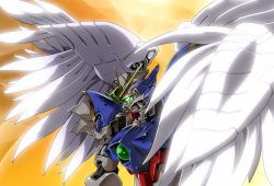 Rule 34 | 1990s (style), armor, bad id, bad pixiv id, glowing, glowing eyes, green eyes, gundam, gundam wing, gundam wing endless waltz, looking away, mecha, no humans, platin (alios), retro artstyle, robot, simple background, solo, white wings, wing gundam zero custom, wings, yellow background