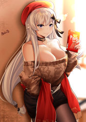 Rule 34 | 1girl, absurdres, aki (1360505188), aran sweater, artist name, azur lane, bare shoulders, belfast (azur lane), belfast (shopping with the head maid) (azur lane), beret, black pantyhose, black skirt, breasts, brown sweater, cable knit, choker, cleavage, earrings, food, hat, highres, holding, holding food, holding pocky, hoop earrings, jewelry, large breasts, long hair, looking at viewer, off-shoulder sweater, off shoulder, pantyhose, pencil skirt, pocky, purple eyes, red headwear, shawl, silver hair, skirt, sweater